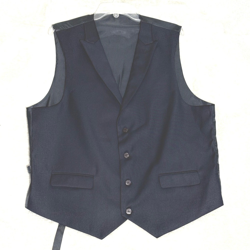 Mens Suit Vest Waistcoat L 45" Chest Navy Blue Notched Lapel Adjust Cinch Back
